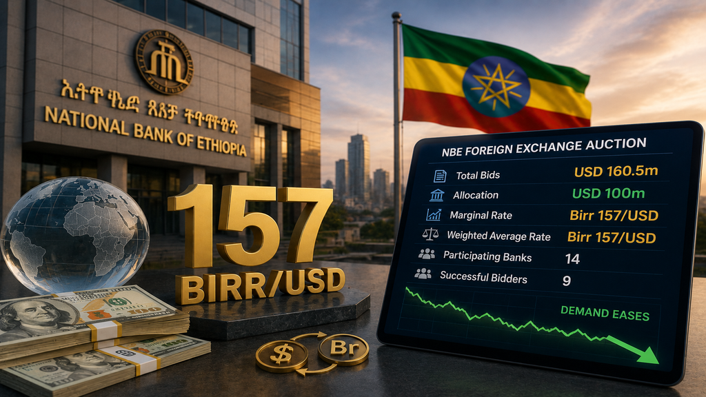 NBE FX Auction Clears at Birr 157 as Bank Demand Eases